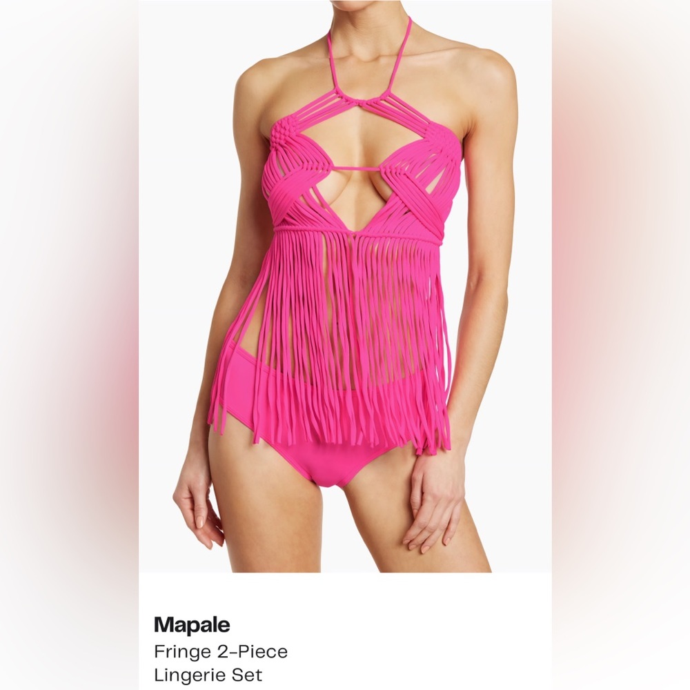 NWT Mapale’ Hot Pink Fringe 2-Piece Lingerie Set Backless See Through, Size M